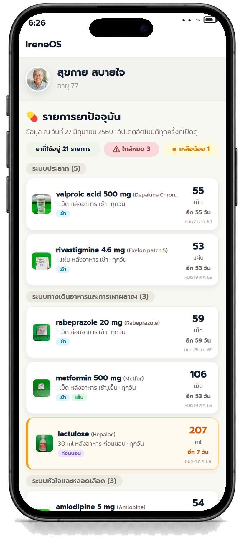 หน้าทะเบียนยาใน CareProof Portal แสดงรูปยาและจำนวนคงเหลือเป็นเม็ดหรือแผ่น