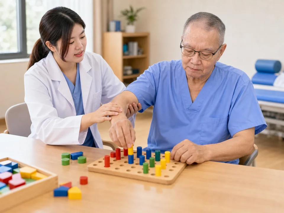 ภาพจำลองผู้ป่วย Stroke ฝึกการใช้มือและแขนกับนักกิจกรรมบำบัด