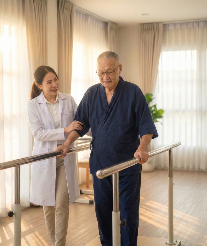 นักกายภาพบำบัดช่วยผู้ป่วย Stroke ฝึกเดินจับราวที่ศูนย์ฟื้นฟู Irene Nursing Home